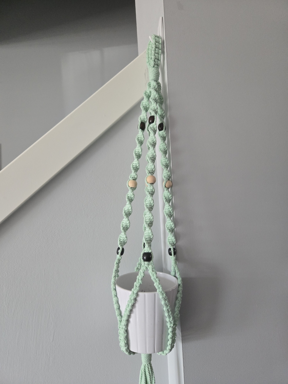 Mint Green Macramé Plant Hanger with Wooden Beads